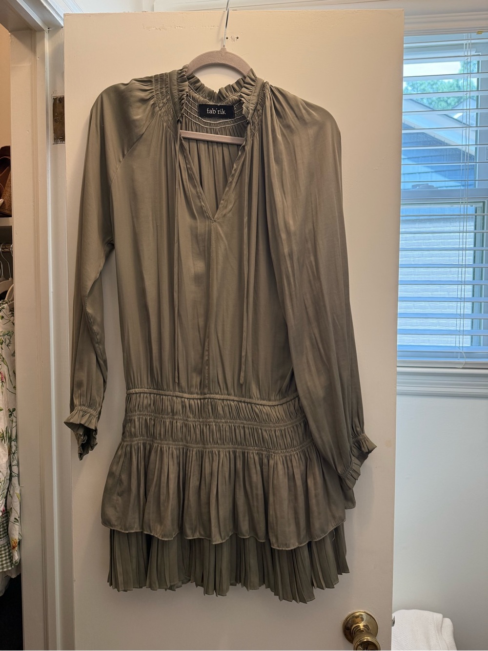 fab'rik Olive Green Long-Sleeve Smocked Tiered Mini Dress